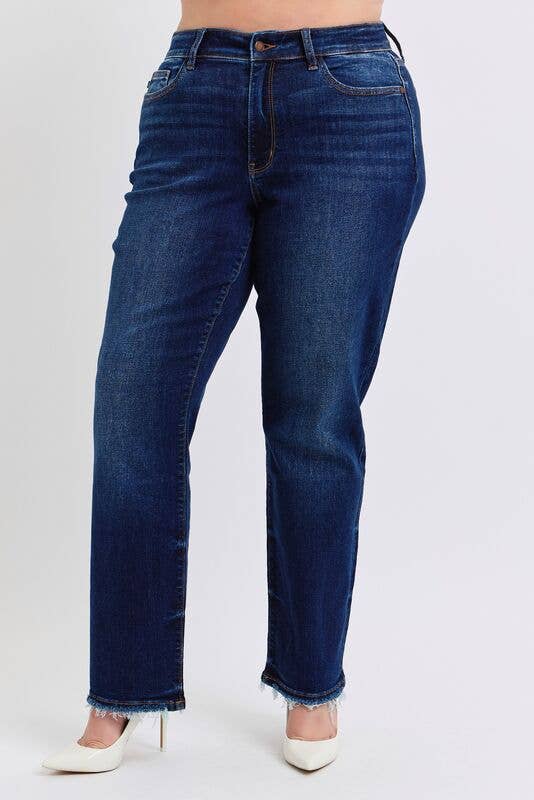 Judy Blue Plus Size Mid Rise Straight Leg Jeans with Fray Hem